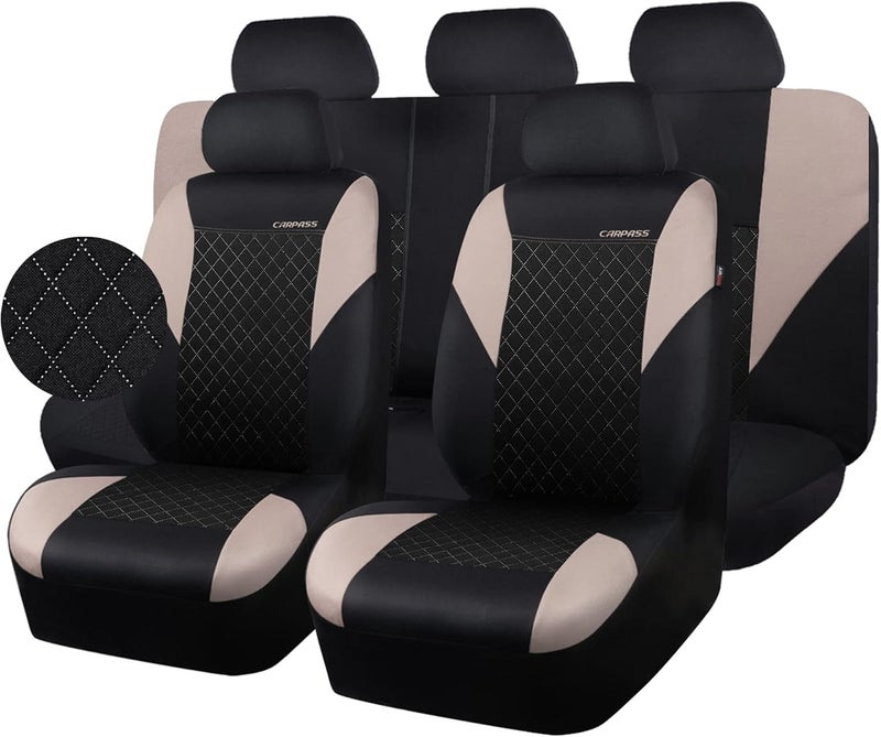CAR PASS Ultrasonic Embossing Cloth Universal seat Covers-Breathable car seat Cover with 5mm Composite Sponge Inside,Airbag Compatible,2zipper Bench for Sedan,SUV,Truck(Black and Beige,Full Set) - Image 1